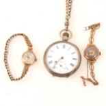 Two 9 carat gold wrist watches, silver pocket watch and chains.