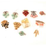 Ten vintage bunches of grapes and fruit themed costume jewellery,