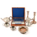 Assorted metalware including pewter Arts and CRafts four-piece teaset, etc