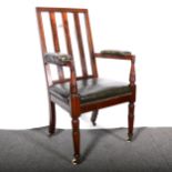 Mahogany and leather slat-back armchair, 19th Century.