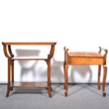 Oak and stained wood occasional table, and a beechwood box seat piano stool.