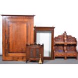 Small mahogany display cabinet; hanging corner cupboard, etc
