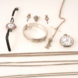 Three Victorian white metal guard chains, bangle, fob watch, albert watch chain