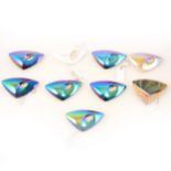 Nine 1950's retro futuristic glass brooches, various colours.