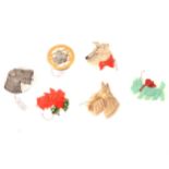 Six large novelty vintage Scottie dog brooches, celluloid, bakelite, metal, 50mm to 60mm,