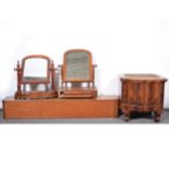 Victorian mahogany stool commode, a mahogany charter box, and two toilet mirrors.