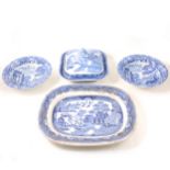 Small collection of Derby Imari pattern teaware, and Willow pattern printware