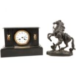 Victorian slate and marble mantel clock, and a spelter Marly horse with handler.