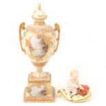 Sitzendorf model of child with puppy; and Noritake twin-handled pedestal vase.