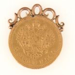Gold Russian 5 Roubles Coin, Alexander III, 1894, soldered fitting to top.