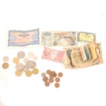 Collection of coins and bank notes.