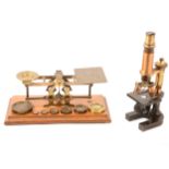 Leitz monocular field microscope, and a set of postal scales and weights