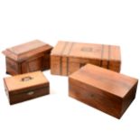 Victorian walnut writing boxes, rosewood sarcophagus and other wooden boxes.