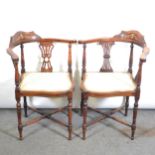 Pair of Edwardian inlaid beech corner chairs,