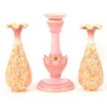 Royal Worcester candlestick, and pair of Royal Doulton pottery spill vases.