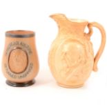 Doulton Lambeth stoneware commemorative vase, and Doulton Burslem commemorative jug.