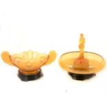 1930's amber-coloured glass table centre and twin-handled bowl.