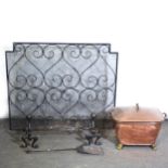 Copper sarcophagus-shape coal bin and other hearth furniture,