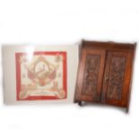 Edwardian oak smoker's cabinet and a framed Edward VII handkerchief,