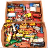 Two trays of loose die-cast model vehicles and cars and a wooden piano