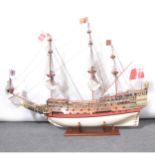 A hand-built model galleon sailing ship of the HMS Sovereign of the Seas