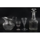 Victorian glass decanter, Regency jug and two wine glasses.