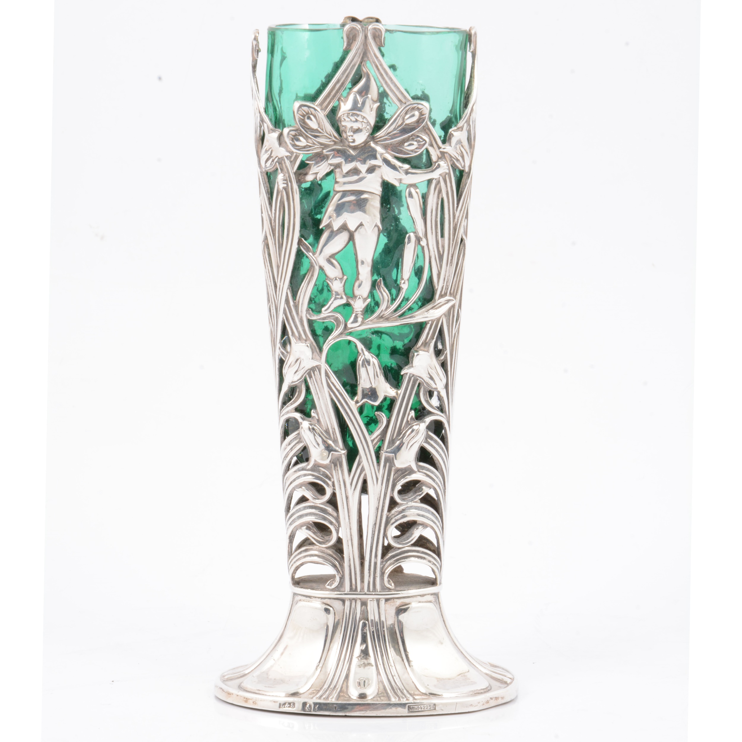 English Art Nouveau silver and glass spill vase, Levi and Salaman, Birmingham.