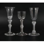 18th Century cordial glass and two wine glasses,