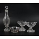 Pair of Regency glass salts, vinegar bottle and patty pan,