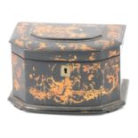 Early Victorian black lacquered papier-mache tea caddy,