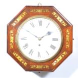 Victorian rosewood and brass inlaid wall clock, octagonal case