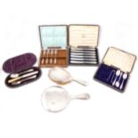 Silver and plated flatware, cased part sets, silver backed hair brush and mirror.