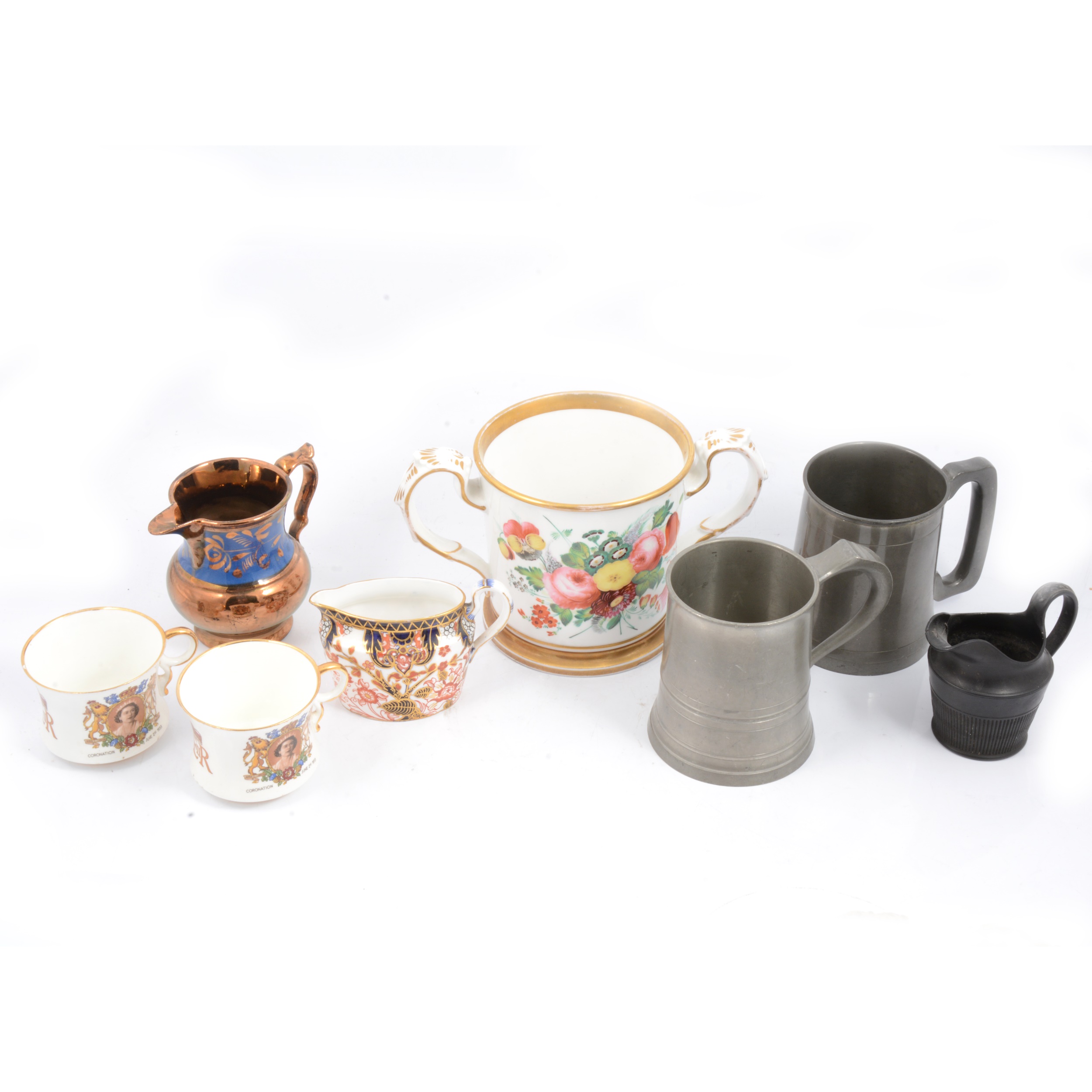 Porcelain Loving cup and other porcelain and pewter wares.