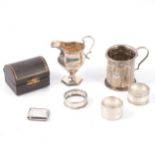 Silver cream jug, William Henry Sparrow, napkin rings, christening mug , vets.