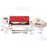 Silver-plated entree dish, cased fish servers, flatware