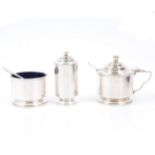Art Deco style silver condiment set by the Goldsmiths and Silversmiths Company, London 1938.