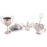Silver-plated charger, swing handle basket, trophy cup, trefoil bottle stand and other wares.