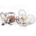 Silver-plated kettle with stand and burner, and other plated wares.