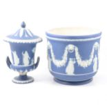 Wedgwood dark blue Jasperware jardiniere and campagna-shaped urn.