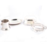 Silver-plated siphon stand, oval dish, dish frame and basket.