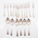 Set of Old English pattern silver table forks, salad forks and spoons.