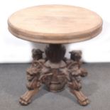 Victorian oak pedestal table, lion claw tripod base