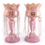 Pair of Victorian pink glass lustres.
