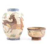 Iznik pottery glazed vase with Antelope and bowl.