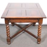 Oak draw leaf dining table and six chairs,