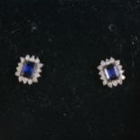 Pair of rectangular sapphire and diamond earstuds..