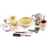 Pewter, ceramics, brassware, Beswick dog, antique iron curling tongs and crimpers.
