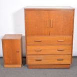 English 1930s oak tallboy and similar bedside cupboard, in the manner of Heals.