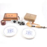Inlaid Tunbridge style box, carved pipe with cloven foot, cameras.