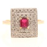 Ruby and diamond square cluster ring.